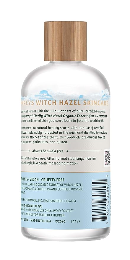 Humphreys Witch Hazel Clarifying Toner | Wild Harvested Witch Hazel | USDA Organic | Natural | Hydrating | Clears Pores & Removes Oil | 8 Fl Oz