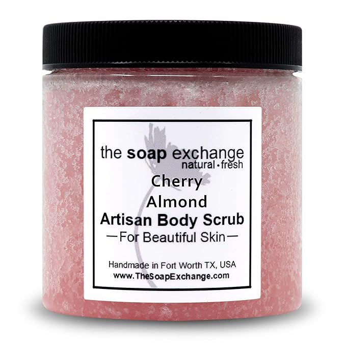 The Soap Exchange Sugar Body Scrub - Cherry Almond Scent - Hand Crafted 8 fl oz / 240 ml Natural Artisan Skin Care, Shea Butter, Exfoliate, Moisturize, & Protect. Made in the USA.
