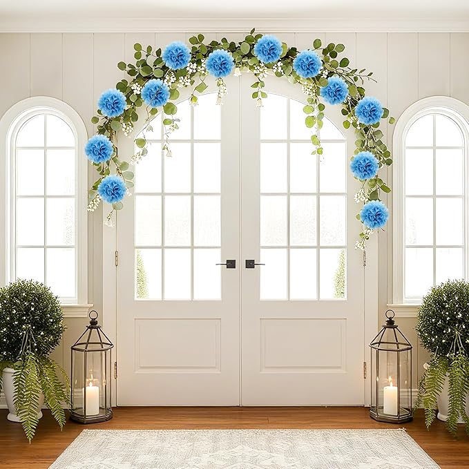 Tissue Paper Pom Pom Garland Hanging Paper Flower Decorations for Wedding Baby Shower Engagement Garden Tea Party Bridal Shower Spring Summer Wall Decor Nursery Arch Backdrop