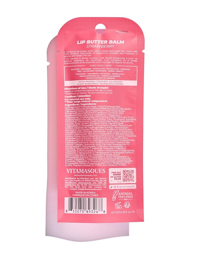 Vitamasques Lip Butter Balm Strawberry, Korean Lip Balm - Peptide Lip Treatment - Lip Balm Hydrating - Light Tinted Lip balm - Made in Korea - 0.33 fl.oz