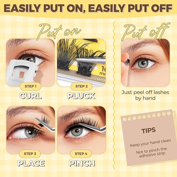 PopUp Self Adhesive Eyelashes Clusters, Press On Lashes Pre Glued Eyelash Extension Kit with Lash Tweezer,10-16mm No Glue No Remover Needed Self Adhesive Lashes Clusters CT50-D