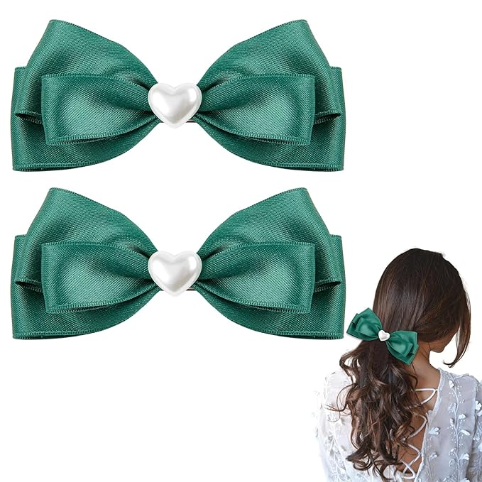 2pcs green hair bows for girls, cute bow hair clips for women, deep green bow with alligator clip, christmas and valentines hair bows, hair accessories for girls