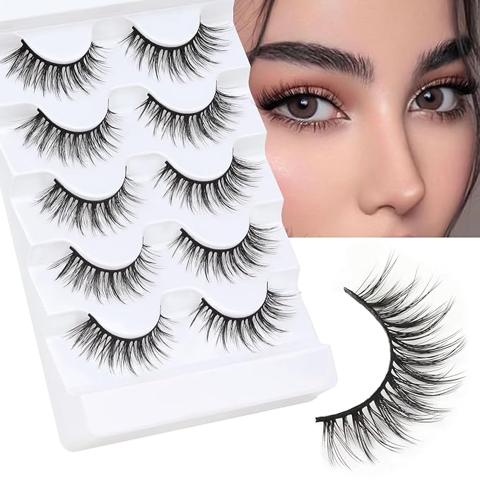 Veleasha Lashes Wispy False Eyelashes 100% Handmade Eyelashes Natural Look Fake Lashes Lightweight Lashes with Soft Cotton Band 5 Pairs Pack (G2-Black Cotton Band)