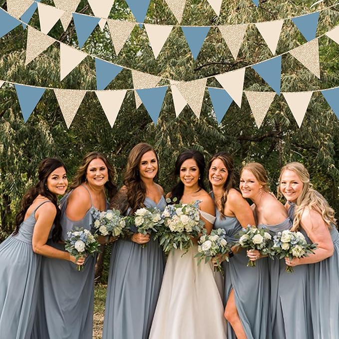 30Ft Champagne Gold Dusty Blue Beige Party Decorations Pennant Banner Flag Hanging Paper Triangle Bunting for Baby Shower Birthday Graduation Wedding Bachelor Retirement Nautical Party Supplies