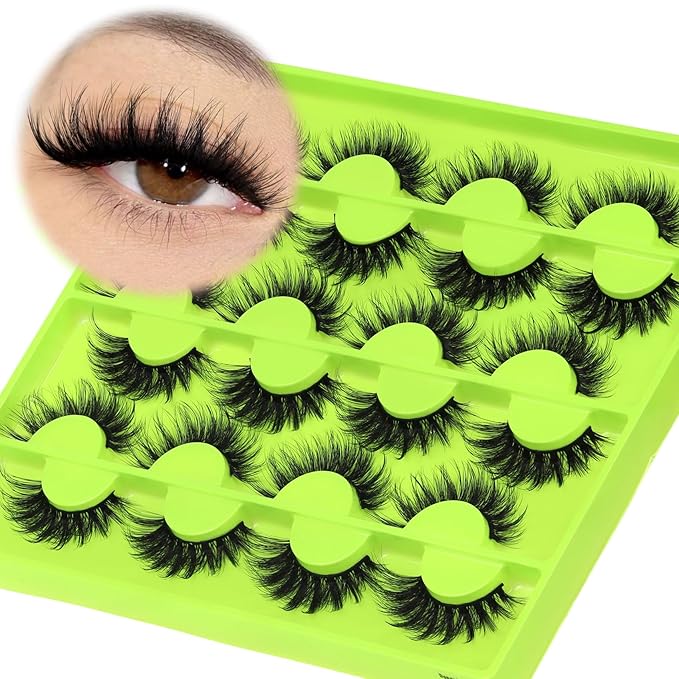 Veleasha Lashes False Eyelashes Fluffy D Curl Lashes 12 Pairs Cat Eye 5D Luxurious Volume Fake Eyelashes (Dopamine Green)