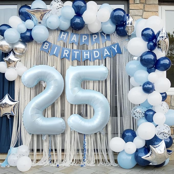 40 Inch 25 Balloon Number, Large Dusty Pastel Baby Blue Foil Number 25 Balloons Birthday Party Decor, Light Blue Helium Mylar Self Inflating Balloon for Boys Men 25th Birthday Anniversary Decorations