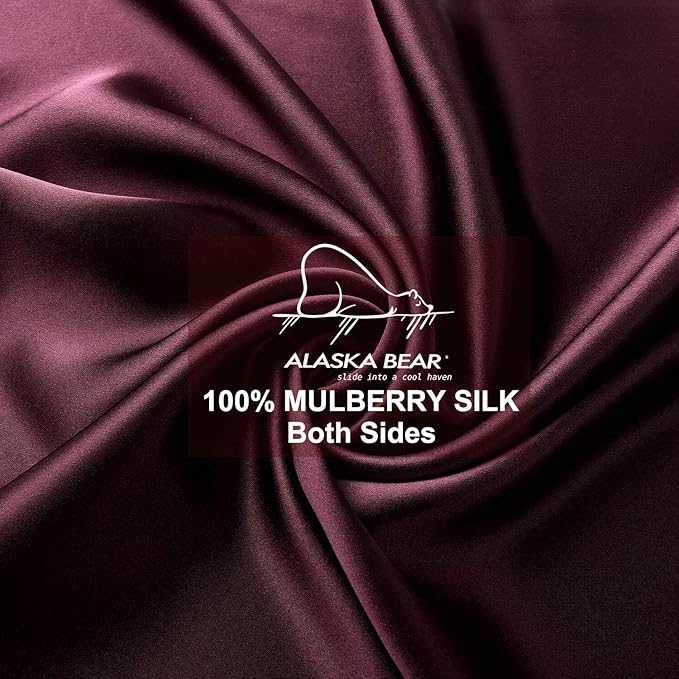 Standard Silk Pillowcase and Random Color Scrunchie Gift Set ALASKA BEAR Pillow Cases for Acne, Eyelashes & Extensions (1 Pack, Red Burgundy), Standard 20"x26"