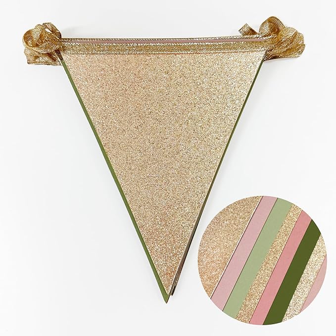 Sage Green Dusty Rose Pink Champagne Gold Pennant Banner Flag Hanging Glitter Paper Triangle Bunting for Girls Wild One Jungle Safari Woodland Themed Birthday Baby Shower Wedding Party Decorations