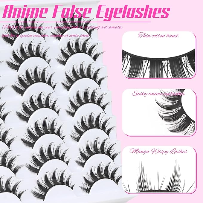 Veleasha Manga Lashes Spiky Natural Eyelashes Cosplay Anime False Eyelashes 14 Pairs 3D Lightweight 8-15mm Cotton Band Soft 100% Handmade Fairy Manhua Lashes (3D11)