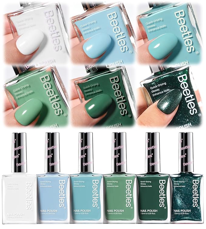 Beetles Green Nail Polish Set P181, 6 Colors Blue White Nail Polish Set, Green Collection Quick Dry Long Lasting Manicure Patricks Day DIY Nail Art Salon Home Gift For Women