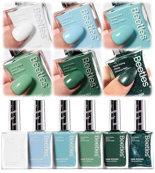 Beetles Green Nail Polish Set P181, 6 Colors Blue White Nail Polish Set, Green Collection Quick Dry Long Lasting Manicure Patricks Day DIY Nail Art Salon Home Gift For Women