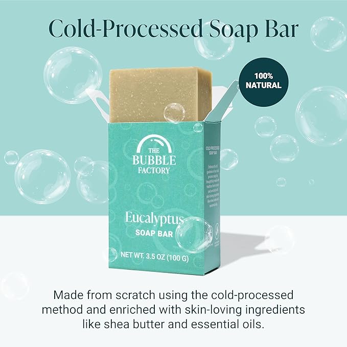 The Bubble Factory Handmade Soap, All Natural Soap for Women & Men, Hand, Bath & Body Natural Bar Soap, Vegan, Palm Oil Free, Made in USA with Shea Butter + Essential Oils, Eucalyptus, Single