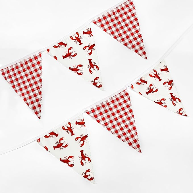 32Ft Crawfish Party Decorations Red Buffalo Plaid Crawfish Pennant Banner Fabric Triangle Flag Garland Streamers for Lobster Birthday Shrimp Seafood Boil Baby Shower Barbecue Party Decor Supplies