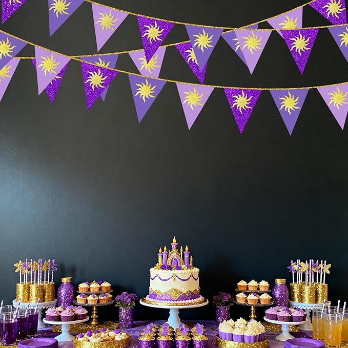 30Ft Purple Sun Party Decorations Purple Pennant Banner Flag Hanging Paper Triangle Bunting with Gold Sun for Birthday Baby Shower Bridal Shower Wedding Bachelorette Engagement Lavender Party Supplies