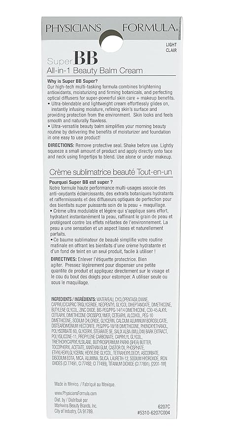 Physicians Formula Super BB Cream. All in 1 Tinted Beauty Balm Foundation Cream, Sheer Moisturizing Coverage, Cruelty free - Light