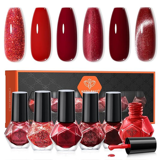 modelones Nail Polish Set, 6 Colors 2025 Classic Apple Red Cat Eye Glitter Mini Quick Dry Nail Lacquer Kit, Ruby Cherry Red Magnetic Sparkle DIY Nail Art Manicure Gift for Women Girls