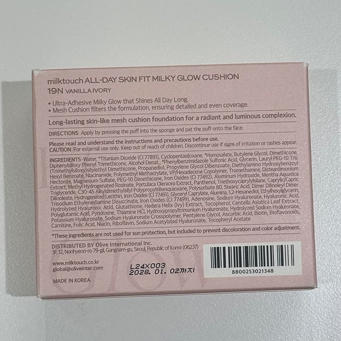 milktouch Cushion Foundation, 24H Flawless Skin, Radiant Shine, No Oxidation, Long-Lasting, Non-Creasing, 60% Hydrating Skincare Infused Korean Foundation, Valentines Gifts (19N Vanilla Ivory)