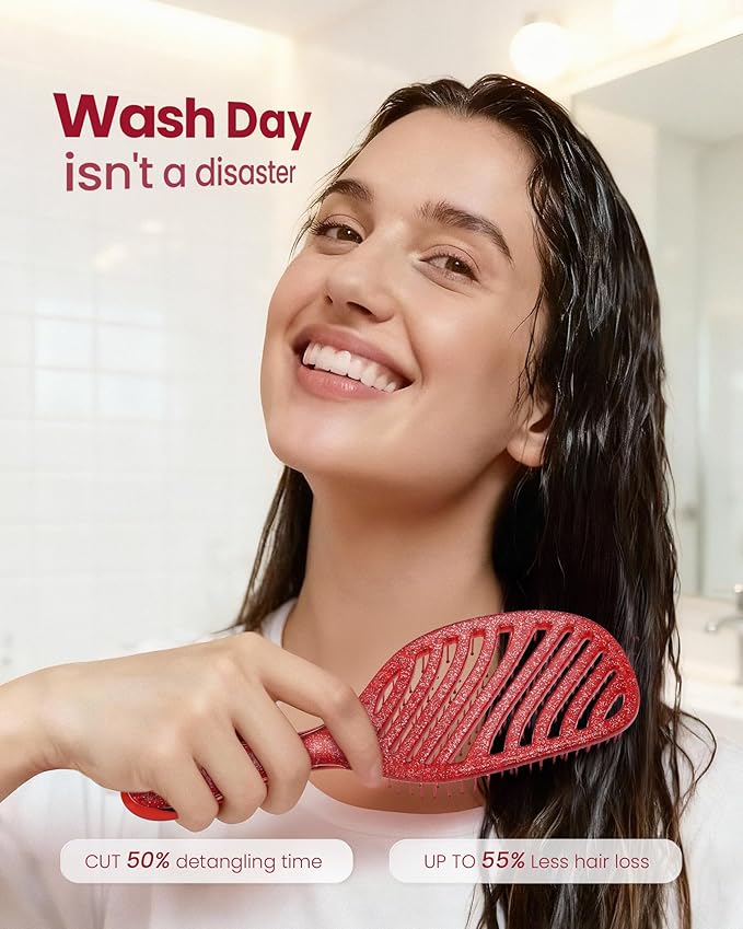 AIMIKE Detangling Brush, Wet Dry Vented Detangler Brush w/Soft Bristles, Pain-Free Detangle Hairbrush Loosens Stubborn Tangles, Extra Gentle on Sensitive and Fine Hair, for Women & Kids- Shiny Rose