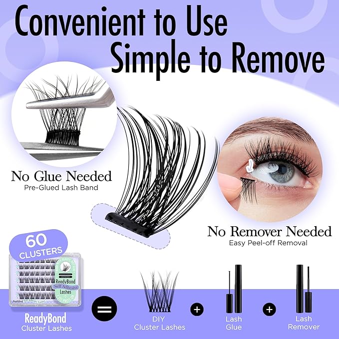 PopUp Self Adhesive Eyelashes Clusters, Press On Lashes Pre Glued Eyelash Extension Kit with Lash Tweezer,10-16mm No Glue No Remover Needed Self Adhesive Lashes Clusters AC01