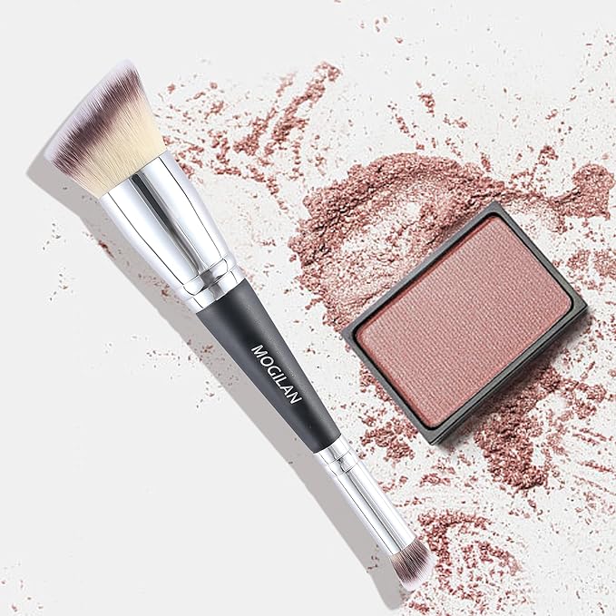 Double Ended Makeup Brushes – Professional Angled Foundation & Blush Brush with Concealer Blending Brush for Liquid, Cream & Powder Buffing Large Face Make Up Applicator