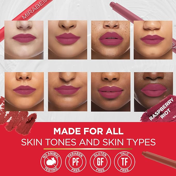 Mirabella - Velvet Matte Lip Crayon, Retractable Highly-Pigmented 2-in-1 Makeup, Long-Lasting Hydrating Lipstick Crayon + Lip Liner, Moisturizing Lipcare Formula, Raspberry Riot