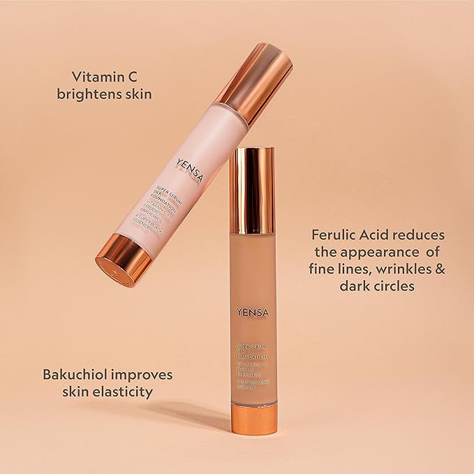 YENSA Serum Foundation Makeup - Super Silk Full Coverage Foundation Enriched with Peptides, Vitamin C & Ferulic Acid to Help Reduce Fine Lines, Wrinkles & Dark Circles - Tan 2 (1 oz)
