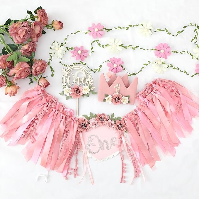 Wildflower 1st High Chair Banner Birthday Decorations For Girl Flower Cake Topper Hat Floral Theme Party Decoration