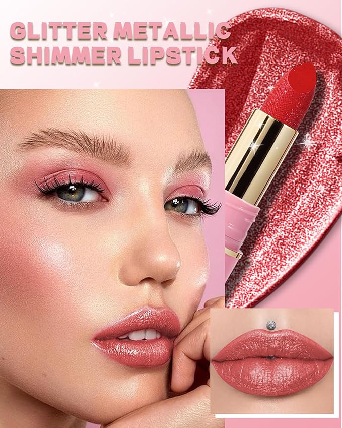 Glitter Metallic Ruby Red Shimmer Lipstick Long Lasting,Glitter Diamond Shine Nude Lipstick Transfer Proof Non-Stick Lip Gloss Shimmer Highly Pigmented Full Coverage Lip Makeup for Women-04