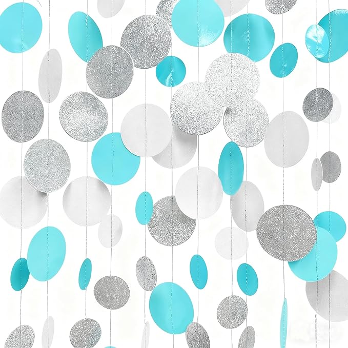 Teal Blue Silver White Party Polka Dot Garland Banner Aqua Turquoise Glitter Silver White Hanging Paper Circle Dots Streamer for Birthday Baby Shower Wedding Bridal Shower Party Decorations Supplies