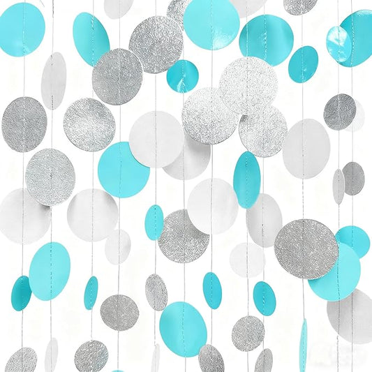 Teal Blue Silver White Party Polka Dot Garland Banner Aqua Turquoise Glitter Silver White Hanging Paper Circle Dots Streamer for Birthday Baby Shower Wedding Bridal Shower Party Decorations Supplies
