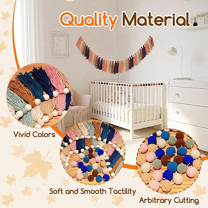 2pcs Longer Fall Tassel Garland, Pom Pom Tassel, Felt Ball Garland, Thanksgiving Wall Hanging Party Decorative Banner Pastel, Home Decoration Wedding Birthday Baby Shower