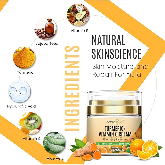 Turmeric Face Cream + 30% Vitamin C Glow Boosting Moisturizer & Skin Repairing, Hydrating with Organic Ingredients Anti-Aging Facial Cream, Normal, Dry, Oily & Combination Skin - 1.7 FL OZ