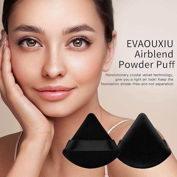 2 Pcs EVAOUXIU Triangle Powder Puff for Face Powder, Soft Plush Setting Powder Puff, Velour Cosmetic Foundation Blender Sponge Beauty Makeup Tools (Black)