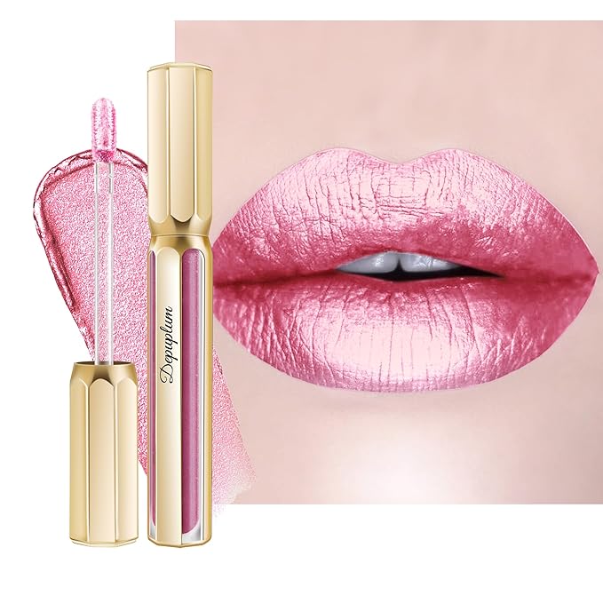 Pink Lipsticks for Women Metallic Lipstick Long Lasting Non Stick Cup Lip Gloss, Shimmer Lightweight Hydrating Full Coverage Lip Color, DP108 Mermaid