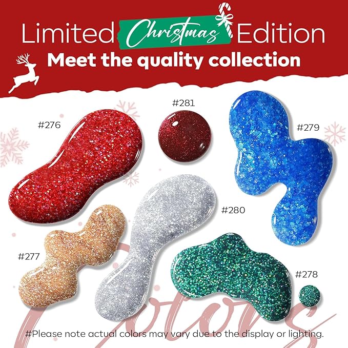 modelones New Year Nail Polish Set 6 Colors, Red Green Burgundy Gold Silver Blue Glitter Quick Dry Mini Nail Lacquer Kit with Christmas Stickers, Sparkle Winter Nail Art Manicure Gift for Girls Women