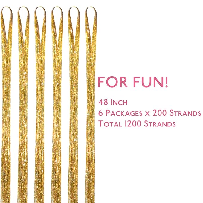 WENNALIFE Hair Tinsel for Girls, Gold Fairy Kit 1200 Strands 6PCS 48 Inch Heat Resistant Glitter Tinsel Hair Extensions Kit Christmas Angel for Sparkle Strands