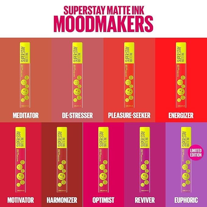 Maybelline Super Stay Matte Ink Liquid Lip Color, Moodmakers Lipstick Collection, Long Lasting, Transfer Proof Lip Makeup, Energizer, Bright Red, 1 Count