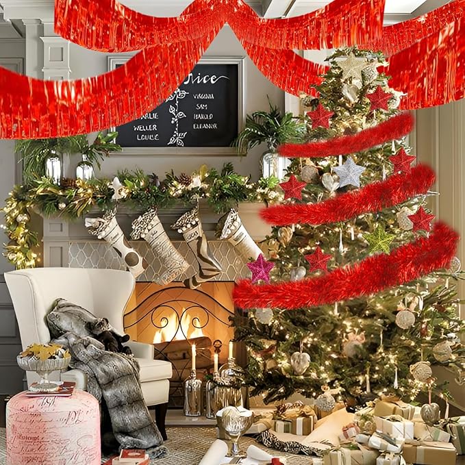 Red Foil Fringe Garland 10FT 6packs, Metallic Foil Tinsel Fringe Banners for Parade Float Decorations Wedding, Birthday Party Graduation (six Red)