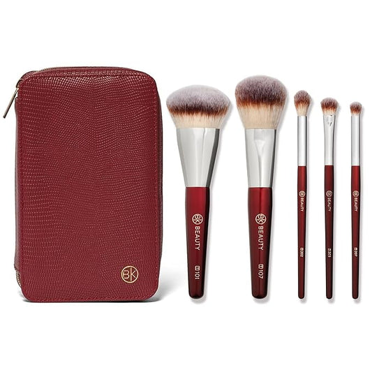 BK BEAUTY Travel Brush Set with Pouch 5-Piece Vegan, Cruelty-Free Brushes for Face & Eyes | Lightweight, Durable Makeup Brushes in Vegan Leather Pouch Perfect Travel-Size Makeup Brush Set