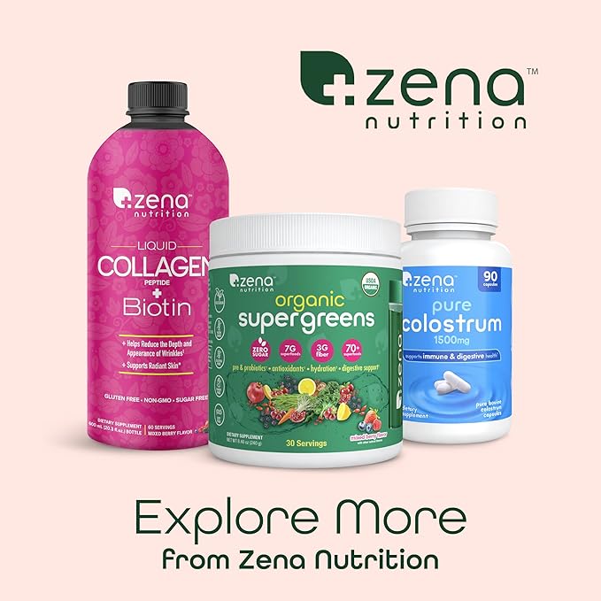 Zena Nutrition Liquid Collagen Peptides (Type 1 & 2) & 5000mcg Biotin, 2500mg Verisol Bioactive Collagen Peptides, Hair, Skin, Nail Supplement for Women & Men, Mixed Berry, 60 Servings, 20.3 fl oz