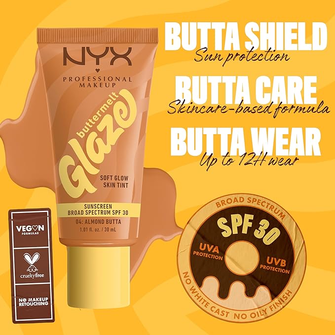NYX PROFESSIONAL MAKEUP Buttermelt Glaze Soft Glow Skin Tint + SPF 30, Up To 12HR Wear, 04 Almond Butta