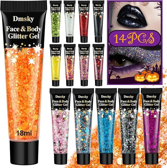 14 Colors Body Glitter,Face Glitter Makeup for Kids Women,Sparkly Chunky Hair Glitter for Eye Lip Nails,Mardi Gras Glitter Makeup Face Paint,Singer Concerts Disco Rave Festival Accessories-Hallowmas
