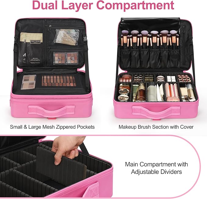 Relavel Makeup Case Large Makeup Bag Professional Train Case Travel Cosmetic Organizer Brush Holder Waterproof Makeup Artist Storage Box, 3 Layer Large Capacity, with Adjustable Strap, Rose Pink