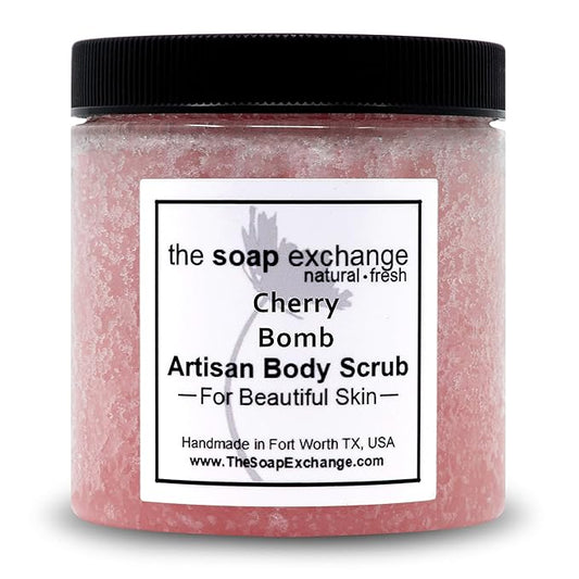 The Soap Exchange Sugar Body Scrub - Cherry Bomb Scent - Hand Crafted 8 fl oz / 240 ml Natural Artisan Skin Care, Shea Butter, Exfoliate, Moisturize, & Protect. Made in the USA.