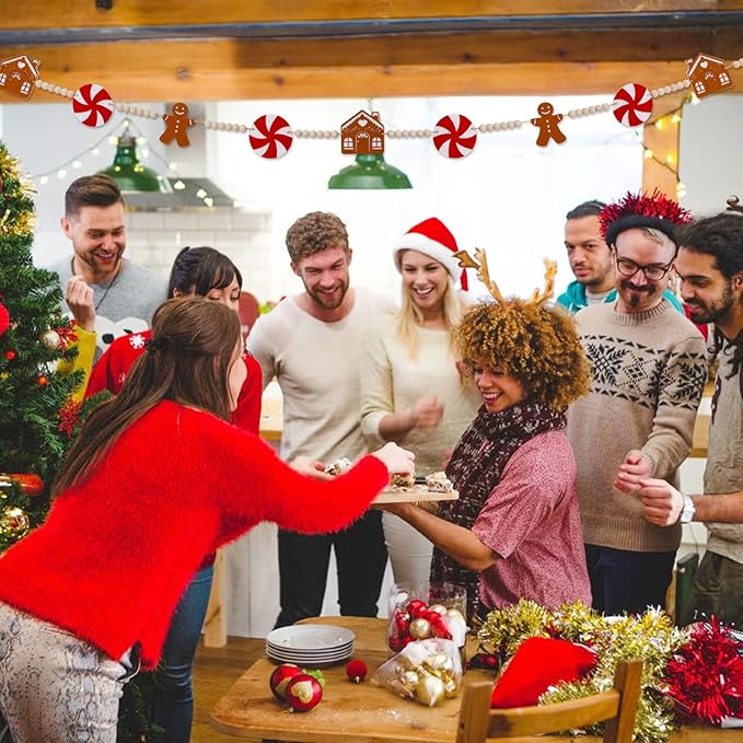 5.9FT Gingerbread Garland Christmas Decoration for Mantle, Xmas Gingerbread Man Wood Bead House Decor Indoor Fireplace