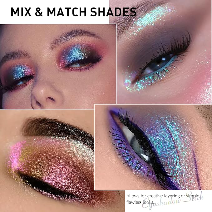 Glitter Eyeshadow Stick Metallic Chrome Finish, Shimmer Cream Eye Shadow Stick Long Lasting Holographic Color Sparkle Multi-Use Eye Brightener Highlighter Makeup Blendable Eyeliner Pencil, 6#