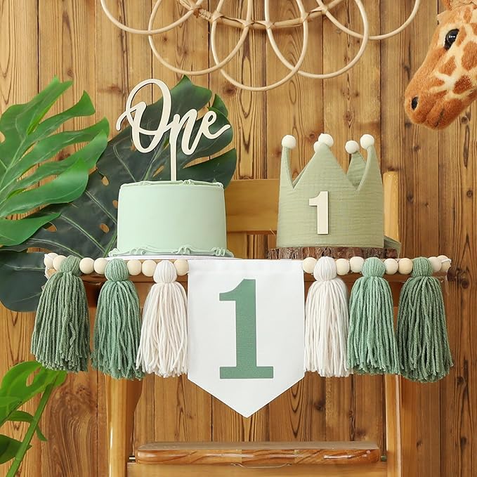 Wild One High Chair Banner For 1st Birthday Party Decorations With Green Wood Bead Tassel Garland Crown Hat Wooden Cake Topper
