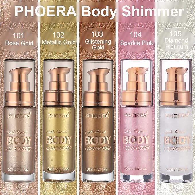 PHOERA Body Shimmer Oil,Waterproof Long Lasting Moisturizing Body Luminizer Glow, Illuminator Highlighter for Face with Makup Bursh, 1oz/Jars(101+103/ Rose Gold+Glistening Bronze)