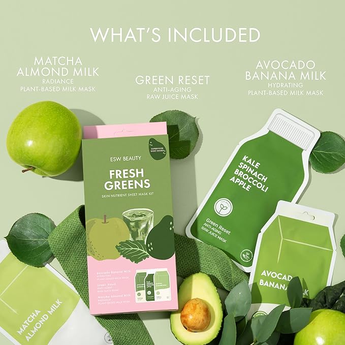 ESW Beauty Fresh Greens Superfood Set – Antioxidant-Rich Face Masks with Apple, Kale, & Broccoli – Includes Matcha Almond, Green Reset & Avocado Banana – Vegan, Clean Beauty for Glowing Skin