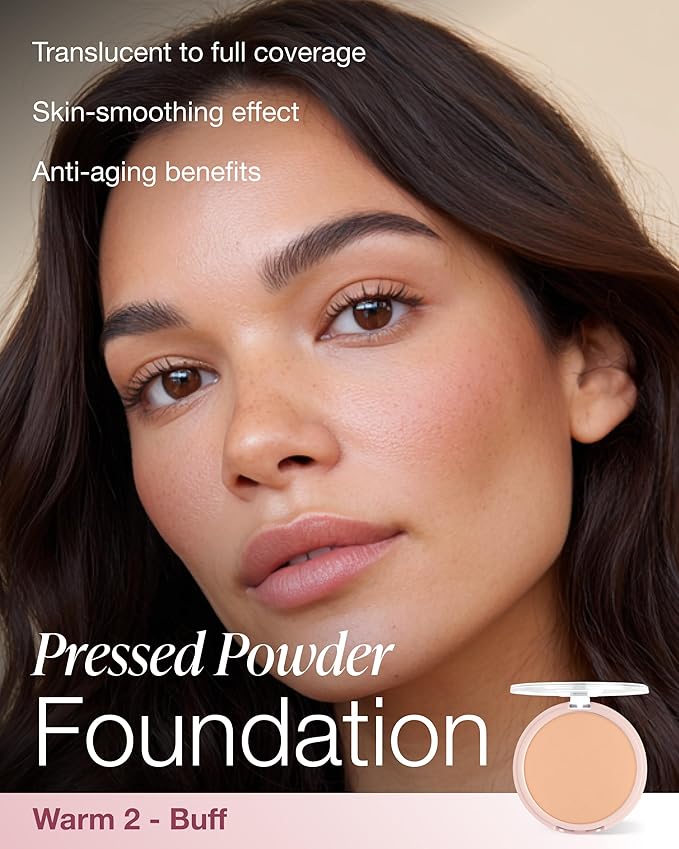 Mineral Fusion Pressed Powder Foundation - Matte Finish Face Powder for Medium Skin with Yellow Undertones - Age Defying Natural Makeup - Talc Free, Vegan, Hypoallergenic (Warm 2)